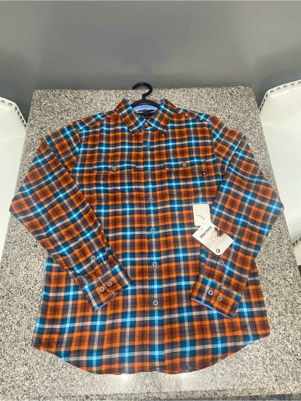 New MARMOT Mens Salinas Flannel Long Sleeve Shirt (M) Mid Weight Orange Teal